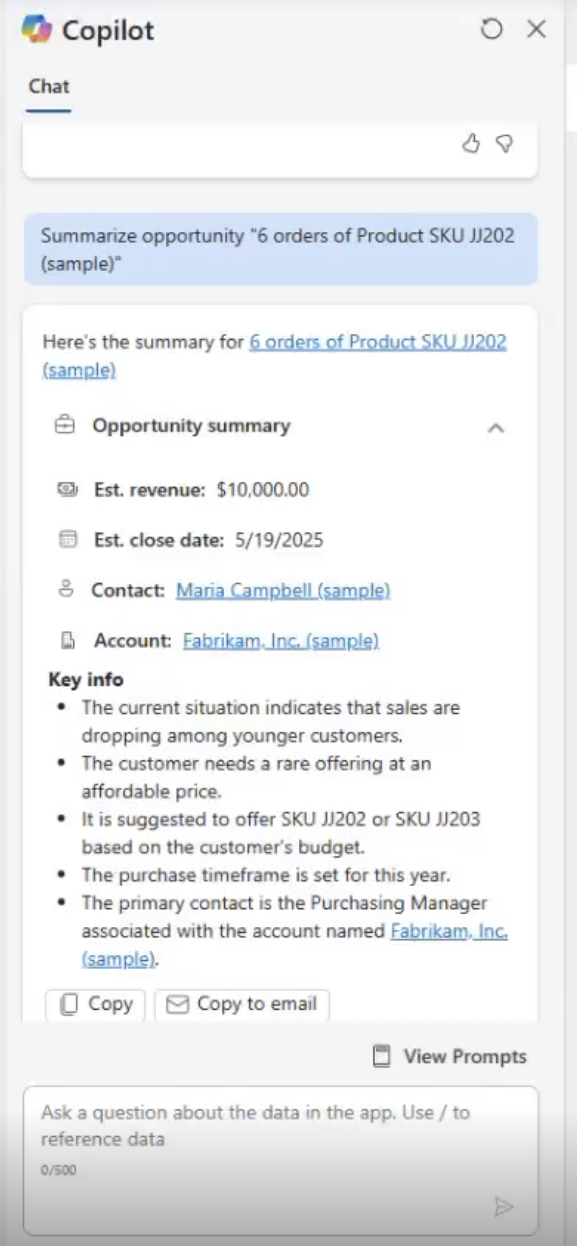 Dynamics Copilot summarising a sample sales opportunity