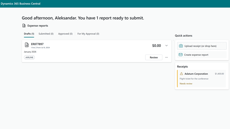 Microsoft Expense Agent web app showing draft expense reports, upload receipt and create expense report actions, and a receipt needing review