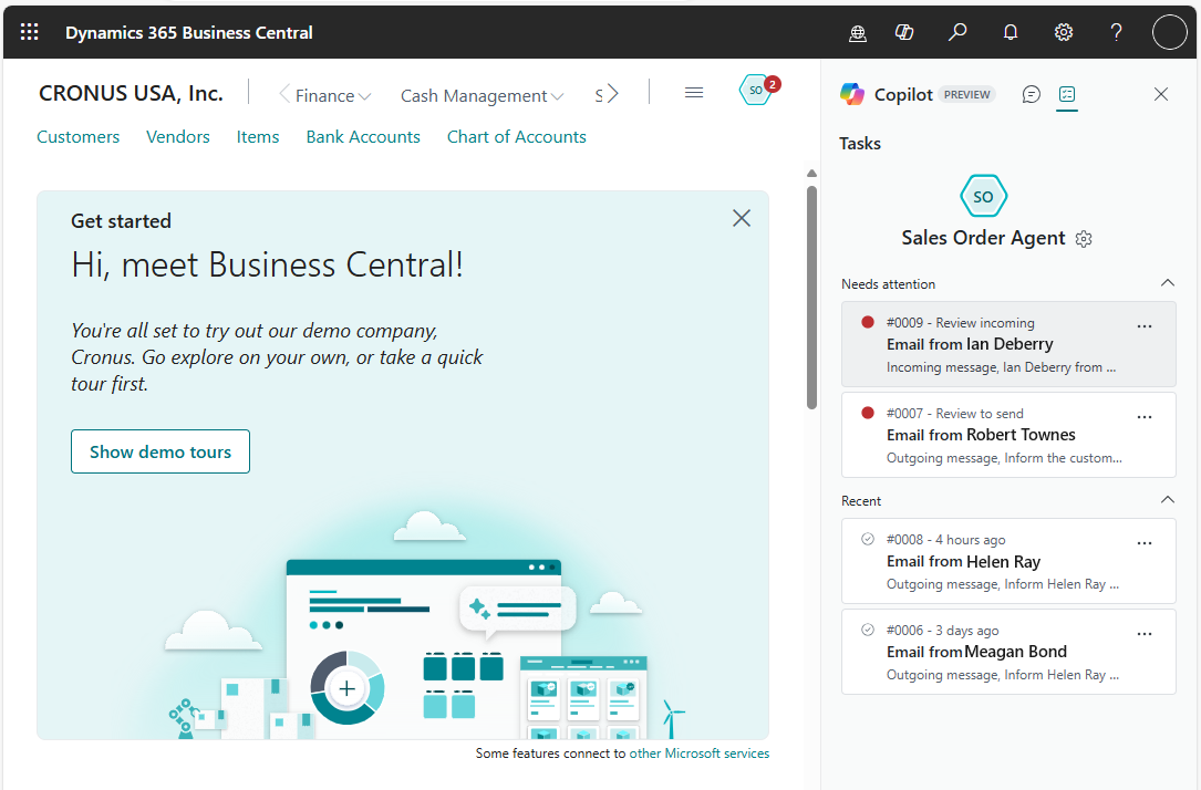 Microsoft Business Central Sales Order Agent task pane showing customer emails awaiting review and recent agent tasks