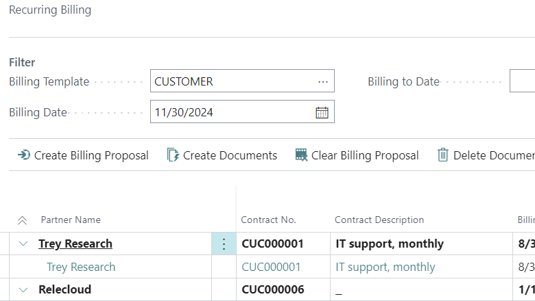 Microsoft Business Central Recurring Billing screen showing billing dates, customer contracts and Create Billing Proposal and Create Documents actions