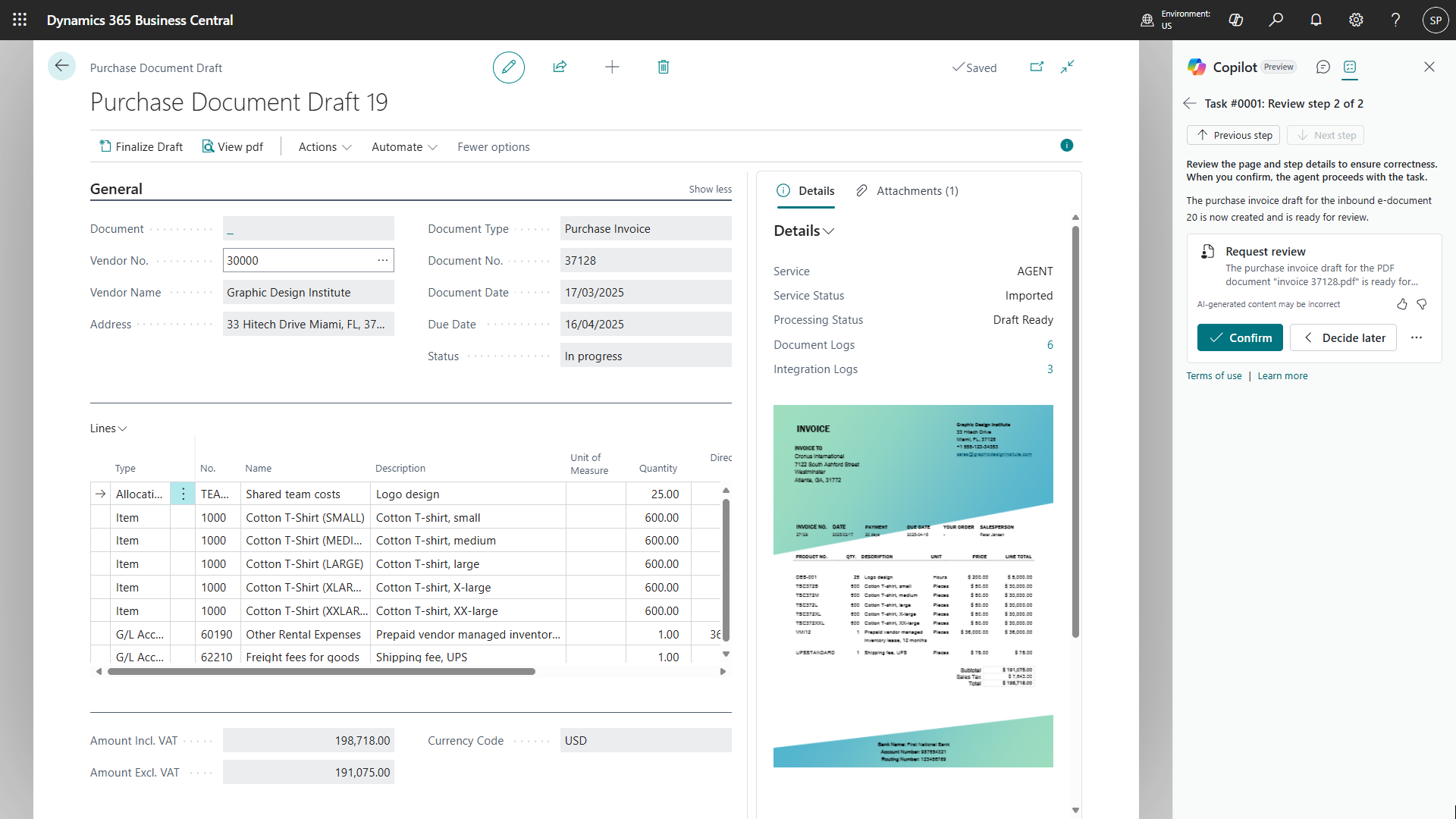 Business Central Payables Agent purchase invoice draft, original invoice and Copilot review pane
