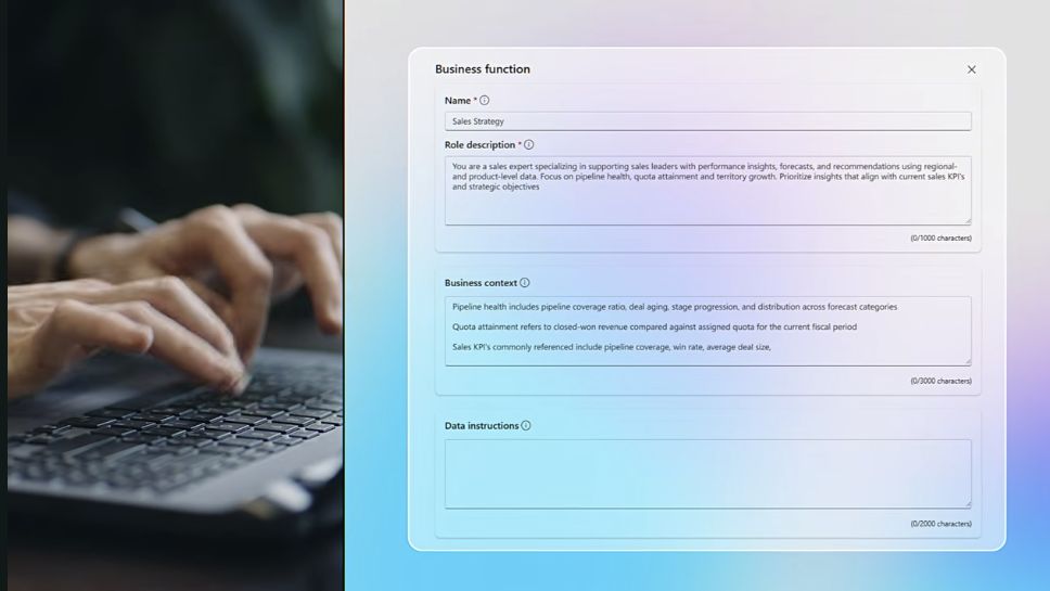 Microsoft Sales Research Agent demonstration: Define the sales role, business context and data instructions that guide the research.