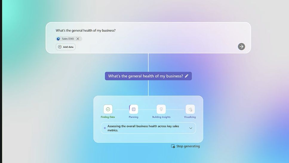 Microsoft Sales Research Agent demonstration: Ask about business health in plain language. The agent finds data, plans the analysis and builds visual insights.