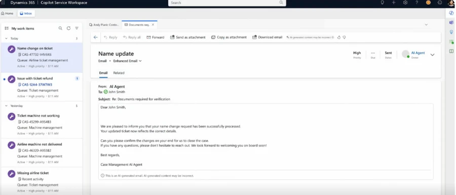 Official Microsoft screenshot of an email sent by the AI Agent about a ticket name update, with the Case Management AI Agent signature