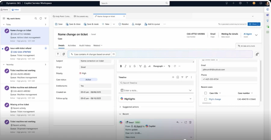 Official Microsoft Copilot Service workspace screenshot showing a case with an AI changes notification, AI Agent ownership and an email in the timeline