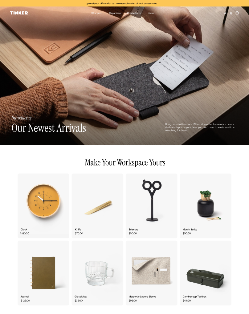 Shopify Tinker theme storefront showing a retail product collection
