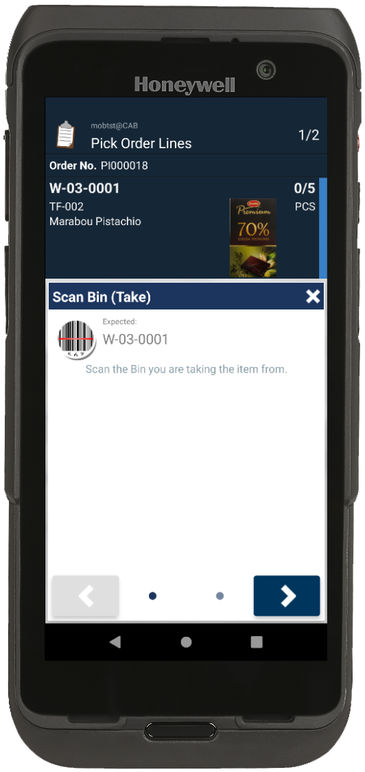 Tasklet Mobile WMS prompting the warehouse worker to scan the expected picking bin
