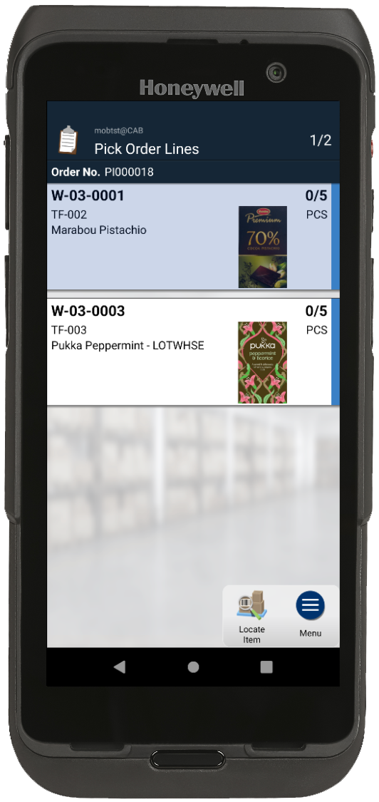 Tasklet Mobile WMS showing pick order lines, item images and warehouse bin locations