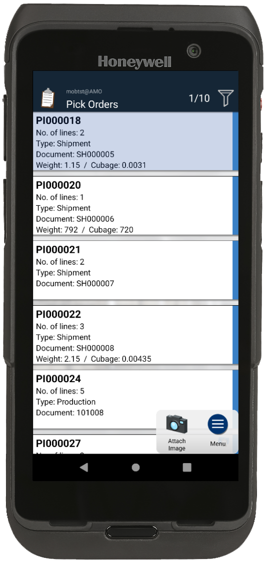 Tasklet Mobile WMS showing the list of warehouse pick orders