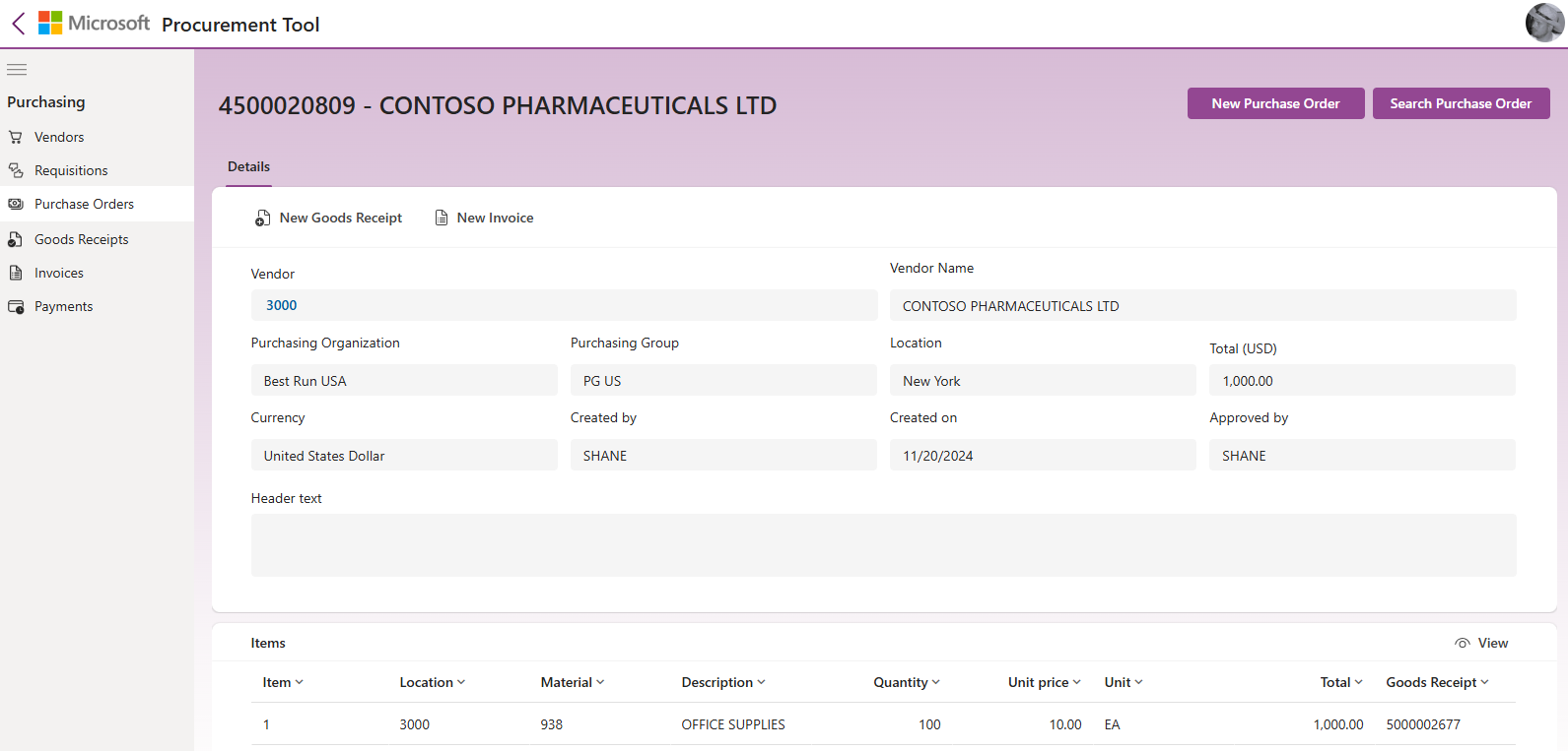Microsoft Power Apps SAP Procurement purchase order screen showing vendor details, order items, goods receipt and invoice actions