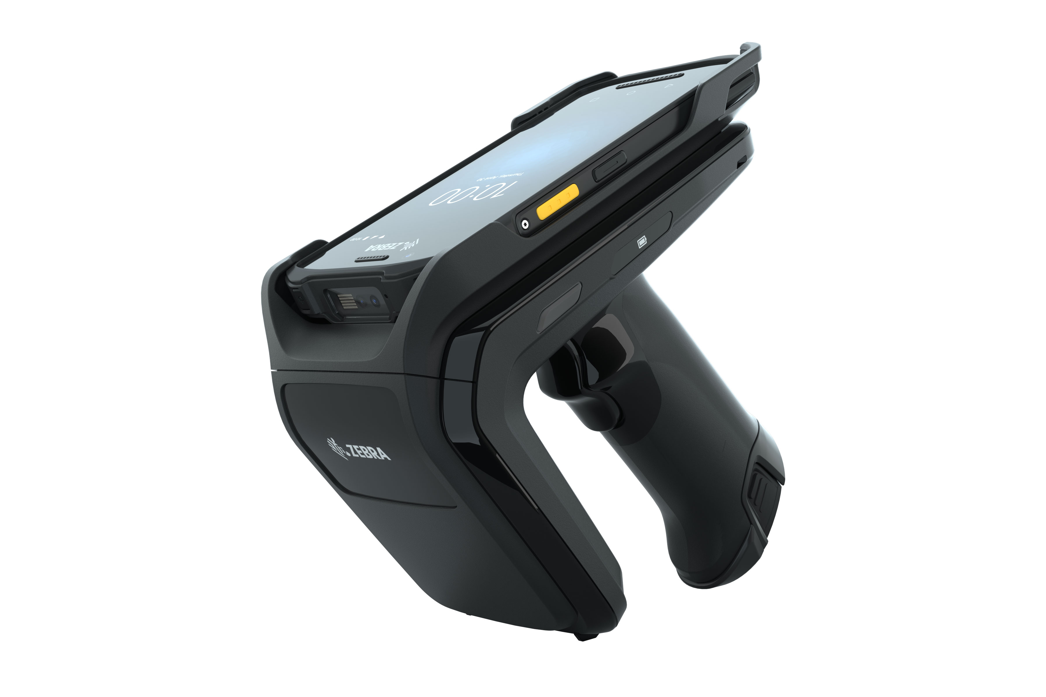 Zebra RFD40 RFID sled attached to a mobile computer with a screen and pistol grip