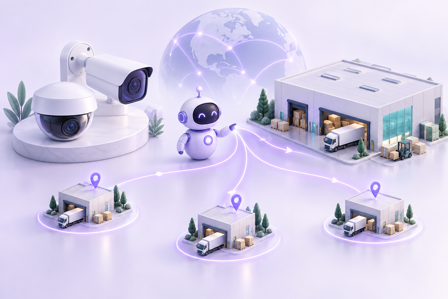 Illustration of security cameras, an AI robot and a connected international warehouse network